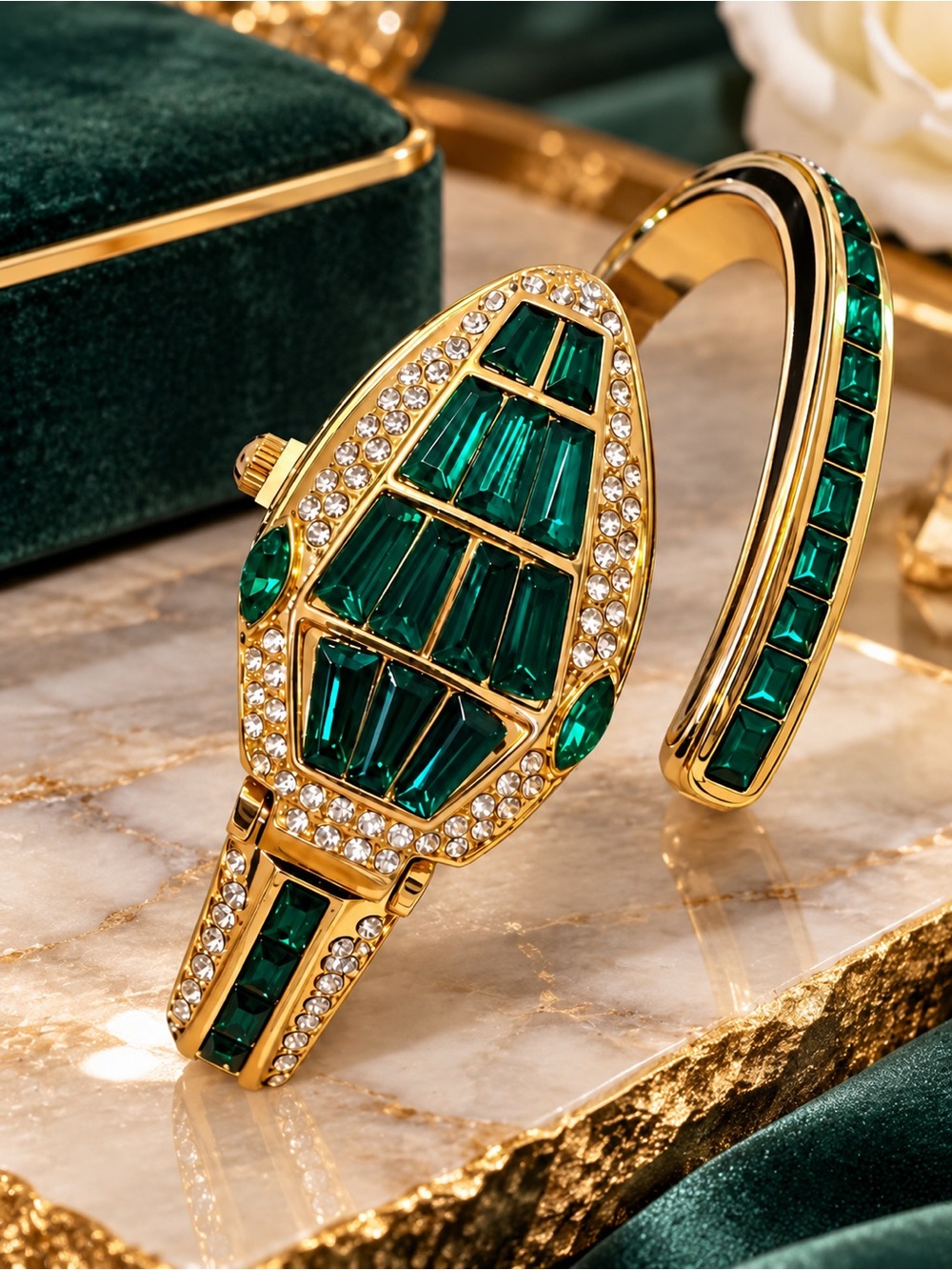 Gold-Tone Green Crystal Snake Cuff Watch